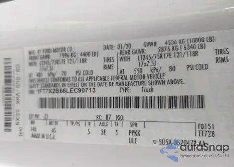 2020 Ford F-250 Xl from USA, damaged, VIN 1FT7X2B66LEC90713